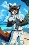  2023 ailurid anthro assault_rifle beach belt biped black_belt blue_eyes blue_sky bottomwear brown_body brown_fur carpetwurm claws clothing cloud colored day detailed_background frown fur gun hi_res holding_gun holding_object holding_weapon looking_at_viewer male mammal outside pants ranged_weapon red_panda rifle sand sea seaside shirt sky solo topwear water weapon white_bottomwear white_clothing white_pants white_shirt white_topwear 
