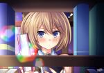  ! 1girl bare_shoulders blanc_(neptune_series) blue_eyes blue_gemstone blush book bookshelf brown_hair dress frown gem hair_between_eyes hands_up highres holding holding_book indoors lewdkuma looking_at_viewer neptune_(series) short_hair signature solo upper_body white_dress 