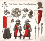  armor belt bonnet boots braid brown_hair equipment_layout flanged_mace full_body gambeson gloves helmet highres hood ironlily kettle_helm kite_shield long_hair medieval multiple_girls ordo_mediare_sisters_(ironlily) scabbard sheath shield single_braid_sister_(ironlily) skirt standing sword tabard twin_braids_sister_(ironlily) weapon 