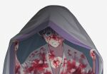  1boy aged_down black_hair blood blood_on_chest blood_on_clothes blood_on_face blood_on_hands blue_eyes child collarbone crying hair_over_eyes hands_up highres japanese_clothes kimono long_sleeves looking_at_viewer male_focus okurase one_eye_covered parted_lips rurouni_kenshin seta_soujirou short_hair simple_background sitting smile solo tears_from_one_eye under_covers unworn_clothes upper_body white_background white_kimono wide_sleeves 