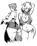  2girls absurdres ahoge arm_behind_head arm_up ass bakugou_mitsuki bare_shoulders bikini black_nails blush boku_no_hero_academia breasts character_request collarbone copyright_request dexter&#039;s_laboratory earrings from_behind gloves greyscale heart highres jewelry large_breasts looking_at_viewer mature_female medium_hair mom_(dexter&#039;s_laboratory) monochrome multiple_girls navel navel_piercing necklace parted_lips piercing shirt short_shorts short_sleeves shorts simple_background smile standing stomach swimsuit thighs wet zelus 