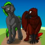  1:1 avian beak black_beak black_body black_fur brown_eyes cutie_mark duo earth_pony equid equine feral fetlocks foxenawolf free_agent_(mlp) fur goldfur&#039;s_cogsverse green_eyes green_hair gryphon hair hasbro hooves horse long_path male mammal my_little_pony mythological_avian mythology open_beak open_mouth pony scuted_arms scutes tail tail_tuft tuft 