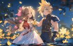  1boy 1girl aerith_gainsborough aqua_eyes armor artist_name bandaged_arm bandages bangle belt blonde_hair blue_pants blue_shirt blurry blurry_foreground blush bracelet braid braided_ponytail brown_belt brown_hair cat_princess choker clenched_hand cloud_strife couple cropped_jacket dress falling_petals final_fantasy final_fantasy_vii final_fantasy_vii_remake flower flower_choker gloves green_eyes hair_between_eyes hair_flower hair_ornament hair_ribbon hand_on_another&#039;s_cheek hand_on_another&#039;s_face hetero holding holding_flower jacket jewelry lily_(flower) long_dress long_hair looking_at_another multiple_belts night night_sky outdoors pants parted_bangs parted_lips partially_submerged petals pink_dress pink_flower pink_ribbon red_jacket ribbon shirt shooting_star short_hair short_sleeves shoulder_armor sidelocks single_bare_shoulder sky sleeveless sleeveless_turtleneck spiked_hair star_(sky) starry_sky suspenders tears turtleneck wavy_hair yellow_flower 