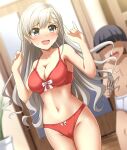  1boy 1girl absurdres blue_eyes blunt_bangs blurry blurry_background blush bow bow_bra bra braid braided_bangs breasts cleavage collarbone dutch_angle earrings grey_hair highres hisakawa_hayate idolmaster idolmaster_cinderella_girls indoors jewelry long_hair medium_breasts navel open_mouth panties red_bra red_panties sweatdrop underwear zanntetu 