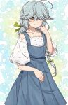  1girl absurdres ahoge alternate_costume black_ribbon braid cowboy_shot dress frilled_shirt frills grey_dress grey_hair hair_over_eyes hair_ribbon hamanami_(kancolle) highres kanmiya_shinobu kantai_collection long_hair looking_at_viewer pinafore_dress ribbon shirt single_braid sleeveless sleeveless_dress smile solo white_shirt 