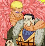  2boys annoyed arm_around_shoulder ascot bara black_hair blonde_hair cigar collarbone crocodile_(one_piece) dark-skinned_male dark_skin donquixote_doflamingo forearms fur_coat furrowed_brow hair_slicked_back head_grab height_difference large_hands large_pectorals leaning_forward leaning_on_person male_focus mature_male medium_hair mg_cls multiple_boys muscular muscular_male nervous one_piece pectorals purple-tinted_eyewear scar scar_on_face scar_on_nose sideburns sleeves_rolled_up smoking stitches sunglasses sweat sweating_profusely tinted_eyewear upper_body veiny_face white-framed_eyewear yaoi yellow_eyes 