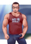  1boy bara blush breath brown_hair bulge buzz_cut character_request covered_nipples crotch_grab erection erection_under_clothes facial_hair feet_out_of_frame glasses goatee highres large_pectorals looking_at_viewer male_focus masturbation masturbation_through_clothes mature_male muscular muscular_male niichi_(niichi21) pants pectoral_cleavage pectorals pokemon red_tank_top seductive_smile short_hair sidepec smile solo standing sweat tank_top textless_version thick_eyebrows thighs track_pants veins veiny_arms very_short_hair 