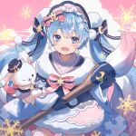  1girl ashika_(yftcc948) blue_eyes blue_gloves blue_hair bow crescent crescent_hair_ornament fang gloves gradient_hair hair_bow hair_ornament hat hatsune_miku highres multicolored_hair paintbrush rabbit snowflakes sun_hair_ornament sun_symbol twintails vocaloid yuki_miku yuki_miku_(2023) 