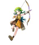  1girl armpits arrow_(projectile) bandana bare_shoulders bow_(weapon) braid child fingerless_gloves fire_emblem fire_emblem:_the_blazing_blade fire_emblem_heroes full_body gloves green_eyes highres holding holding_bow_(weapon) holding_weapon leg_up looking_away non-web_source official_art pleated_skirt quiver rebecca_(fire_emblem) ringozaka_marikofire_emblem shoes shorts skirt sleeveless smile socks solo teeth transparent_background twin_braids twintails upper_teeth_only weapon 
