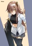  1girl black_jacket black_pantyhose black_skirt breasts brown_hair clothes_pull collared_shirt cowboy_shot crop_top girls&#039;_frontline hair_between_eyes highres jacket long_hair looking_at_viewer monokuro_(sekahate) navel one_side_up open_clothes open_shirt pantyhose pantyhose_pull pleated_skirt scar scar_across_eye shirt skirt small_breasts solo ump45_(girls&#039;_frontline) very_long_hair white_shirt yellow_eyes 