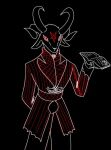  4_horns anthro black_body black_eyes black_fur book bovid caprine caprine_demon clothing curved_horn demon fluffy fur hand_behind_back holding_book holding_object horn looking_at_viewer male mammal multi_horn nastyfr outline pentagram pentagram_clothing red_sclera solo suit vanta_(protolady) vantablack_fur well_dressed white_outline 