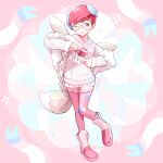  1girl ;) alternate_color backpack bag blue_hair boots closed_mouth ffccll full_body glasses grey_eyes highres holding holding_poke_ball hood hoodie long_sleeves mixed-language_commentary multicolored_hair one_eye_closed pantyhose penny_(pokemon) pink_pantyhose pleated_skirt poke_ball poke_ball_(basic) pokemon pokemon_(game) pokemon_masters_ex red_hair round_eyewear see-through see-through_skirt shorts skirt smile solo sparkle two-tone_hair white_shorts 