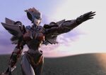  1girl 3d airplane_wing autobot blender_(medium) blue_eyes breasts highres humanoid_robot jpl-animation mecha mecha_musume mechanical_wings medium_breasts metal_skin red_lips robot robot_girl solo sunset transformers transformers_prime windblade wings 