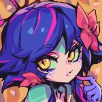  1girl blue_hair colored_skin flower green_skin hair_flower hair_ornament league_of_legends medium_hair neeko_(league_of_legends) orange_eyes parted_lips phantom_ix_row pink_hair pink_skin portrait purple_skin solo teeth 