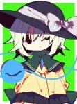  1girl @_@ absurdres black_eyes black_headwear buttons collared_shirt diamond_(shape) diamond_button expressionless frilled_shirt frilled_shirt_collar frilled_sleeves frills green_background green_ribbon hair_between_eyes hat hat_ornament hat_ribbon highres komeiji_koishi long_sleeves medium_hair multicolored_eyes own_hands_together red_pupils ribbon shirt simple_background sleeves_past_wrists so_happy_64 symbol-shaped_pupils third_eye touhou two-tone_background waist_ribbon white_background white_hair white_ribbon yellow_shirt 