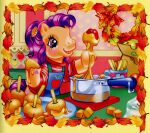  anthro apple apron candy candy_apple caramel_(food) clothed clothing dessert detailed_background earth_pony equid equine female food fruit hair hasbro horse inside leaf lyn_fletcher mammal mlp_g3 my_little_pony official_art on_model open_mouth open_smile orange_body plant pony purple_hair scootaloo_(g3) semi-anthro smile solo sweater topwear 