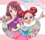  2girls :d arm_up blush commentary_request cosplay costume_switch crossover dodo_(ojamajo_doremi) double_bun fairy grey_shorts hair_bun hair_ornament hairpin hanadera_nodoka hand_to_own_mouth hand_up harukaze_doremi healin&#039;_good_precure highres hood hood_down hooded_jacket jacket locked_arms long_hair looking_at_another masaru_(win800) multiple_girls musical_note ojamajo_doremi open_mouth pink_eyes pink_shirt pink_skirt pleated_skirt pointing pointing_up precure purple_jacket rabbit rabirin_(precure) red_hair shirt short_hair short_sleeves shorts skirt sleeveless sleeveless_jacket smile t-shirt 