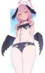  1girl absurdres bare_shoulders bikini black_bikini black_bow black_wings blue_archive blush bow breasts cloba commentary feathered_wings floral_print front-tie_bikini_top front-tie_top hair_bow hair_over_shoulder halo head_wings highres koharu_(blue_archive) koharu_(swimsuit)_(blue_archive) long_hair looking_at_viewer low_twintails low_wings official_alternate_costume pink_eyes pink_hair pink_halo print_bikini small_breasts solo swimsuit twintails wings 