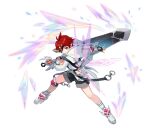  1boy absurdres black_shorts eyepatch fingerless_gloves gloves greatsword hero_(latale) highres hood hoodie latale necktie pointy_ears red_eyes red_hair red_necktie red_shirt shirt shorts sword transparent_background weapon white_footwear white_hoodie wings 