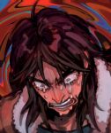  1boy absurdres bomber_jacket brown_hair brown_jacket commentary_request crying crying_with_eyes_open grey_eyes highres itou_kaiji jacket kaiji kasyuna1225 long_hair looking_down male_focus medium_bangs open_mouth portrait red_background solo spiral_background tears teeth v-shaped_eyebrows 