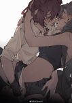  2girls akechi_(826988799) arknights blush brown_eyes brown_hair fiammetta_(arknights) fingering fingerless_gloves gloves highres long_hair multiple_girls open_fly parted_lips penance_(arknights) single_glove teeth unbuttoned upper_teeth_only weibo_logo weibo_username yuri 