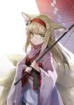  1girl absurdres animal_ear_fluff animal_ears apron arknights blonde_hair closed_mouth colored_tips commentary_request e-bushi flower fox_ears fox_girl fox_tail green_eyes hair_flower hair_ornament hairband highres holding holding_umbrella japanese_clothes kimono kitsune kyuubi long_sleeves looking_at_viewer multicolored_hair multiple_tails obi official_alternate_costume oil-paper_umbrella pink_kimono red_hairband red_umbrella sash smile solo suzuran_(arknights) suzuran_(yukibare)_(arknights) tail two-tone_hair umbrella upper_body waist_apron white_apron white_hair wide_sleeves 