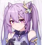  1girl black_gloves bright_pupils closed_mouth cone_hair_bun detached_sleeves dress flower genshin_impact gloves hair_between_eyes hair_bun hair_flower hair_ornament hands_on_own_chest irain keqing_(genshin_impact) long_hair looking_at_viewer portrait purple_dress purple_eyes purple_hair solo twintails white_pupils zoom_layer 