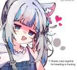  1girl animal_ear_fluff animal_ears blue_eyes blue_hair blunt_bangs blush buttons cat_ears commentary dice_hair_ornament empty_eyes english_commentary english_text frilled_sleeves frills gawr_gura gawr_gura_(2nd_costume) grey_hair hair_ornament hand_to_own_face hand_up heart heart-shaped_pupils highres hololive hololive_english kemonomimi_mode koyoinacho looking_at_viewer medium_hair multicolored_hair official_alternate_costume one_side_up open_mouth pink_pupils shaded_face shark_girl shirt short_sleeves sidelocks simple_background solo streaked_hair suspenders sweatdrop symbol-shaped_pupils triangle_mouth upper_body virtual_youtuber white_background white_shirt 