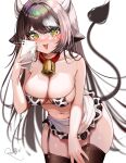  1girl :d absurdres animal_ears animal_print apron artist_name bare_arms bare_shoulders bell bikini black_hair black_thighhighs blush breasts cellphone collar cow_ears cow_girl cow_horns cow_print cow_tail eyelashes eyepatch_bikini frilled_apron frills garter_straps highres holding holding_phone horns large_breasts leaning_forward long_hair looking_at_viewer mole mole_under_eye navel neck_bell original phone red_collar rosebell simple_background smartphone smile solo swimsuit tail thighhighs thighs very_long_hair waist_apron white_apron white_background yellow_eyes 