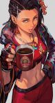  1girl asymmetrical_hair azucena_milagros_ortiz_castillo black_hair coffee coffee_mug crop_top cropped_jacket cup fingerless_gloves flower gloves hair_flower hair_ornament highres hungry_clicker jacket jewelry mug navel necklace smile solo stomach tekken tekken_8 toned wide_sleeves 