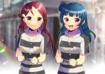  2girls :d blue_hair blurry blurry_background brown_eyes closed_mouth collarbone collared_shirt commentary_request commission cuffs depth_of_field dress_shirt hair_ornament hairclip handcuffs kou_hiyoyo long_hair looking_at_viewer love_live! love_live!_sunshine!! multiple_girls prison_clothes purple_eyes red_hair sakurauchi_riko shirt short_sleeves skeb_commission smile striped striped_shirt tsushima_yoshiko 