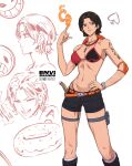  1girl absurdres arm_tattoo black_hair bra breasts doughnut earrings envi2hands fire food freckles genderswap genderswap_(mtf) hand_on_own_hip hat highres jewelry looking_at_viewer one_piece portgas_d._ace short_hair shorts tattoo underwear 