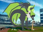  4:3 anthro areola ball baseball_(ball) baseball_bat baseball_field baseball_uniform bat_(object) big_areola big_breasts big_nipples black_areola black_body black_nipples breasts claws clothed clothing curvy_figure dragon female green_body green_claws green_eyes green_hair green_scales hair hi_res huge_areola huge_breasts huge_nipples jersey kaya_(knockedoutdragon) knockedoutdragon leaning leaning_forward leaning_on_object looking_at_viewer macro membrane_(anatomy) membranous_wings mlb nipples partially_clothed pinup pose san_francisco_giants scales scalie smile smiling_at_viewer solo solo_focus sportswear stadium standing tail thick_tail uniform western_dragon wings 