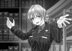  1girl alternate_costume blurry blurry_background braid darjeeling_(girls_und_panzer) depth_of_field dress_shirt girls_und_panzer greyscale highres indoors insignia jacket kuromorimine_military_uniform library long_sleeves looking_at_viewer military_uniform monochrome open_mouth outstretched_arms shirt short_hair smile solo spread_arms textless_version tigern_(tigern28502735) twin_braids uniform wing_collar 