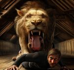  3d_(artwork) ai_generated bigcat clothing digital_media_(artwork) doggystyle felid from_behind_position fur hair human lion male male/male mammal open_mouth pantherine sex teeth_showing tongue tongue_out 