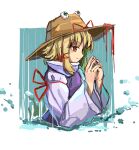  1girl blonde_hair english_commentary from_side hair_ribbon hat hat_ribbon highres long_sleeves moriya_suwako own_hands_clasped own_hands_together parted_bangs partially_submerged purple_vest rain red_ribbon ribbon shirt short_hair sketch smirk touhou turtleneck vanilla_flan vest water_drop white_shirt wide_sleeves yellow_eyes 
