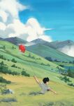  1boy absurdres arm_up balloon black_hair blue_sky cloud cloudy_sky grass hanchi28 highres holding holding_balloon landscape light_smile mountain nature original outdoors shirt short_hair short_sleeves sky tall_grass town upper_body white_shirt 