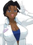  1girl artist_name black_hair blue_eyes blue_shirt breasts cleavage collarbone cropped_shirt dark-skinned_female dark_skin earrings gloves gundam hair_behind_ear jewelry large_breasts leaning_back looking_at_viewer marbet_fingerhat mitsutsu322 necklace pilot_suit shirt short_hair smile solo v victory_gundam white_background white_gloves 