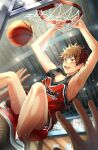  2boys absurdres ball basketball basketball_(object) basketball_uniform brown_eyes brown_hair ensemble_stars! highres kindo kindo_(quindo_e) morisawa_chiaki multicolored_tank_top multiple_boys open_mouth red_footwear red_shorts shoes short_hair shorts sportswear upper_body 