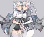  2girls black_gloves black_skirt bodysuit breasts cape chou-10cm-hou-chan_(fuyutsuki&#039;s) chou-10cm-hou-chan_(suzutsuki&#039;s) clothes_writing fuyutsuki_(kancolle) gloves grey_background grey_cape grey_eyes grey_jacket hachimaki half_gloves headband jacket kantai_collection kusanagi_tonbo long_hair medium_breasts microskirt miniskirt multiple_girls neckerchief necktie one_side_up parted_lips pleated_skirt rigging sailor_collar school_uniform serafuku short_sleeves simple_background skirt suzutsuki_(kancolle) thighhighs white_bodysuit white_hair white_headband white_neckerchief white_necktie white_sailor_collar white_skirt 