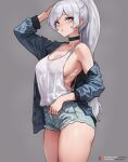  1girl :o absurdres arm_up black_choker blue_eyes blue_jacket bluefield breasts casual choker commentary denim denim_shorts grey_background high_ponytail highres jacket long_hair medium_breasts open_mouth patreon_logo patreon_username rwby scar scar_across_eye scar_on_face short_shorts shorts simple_background single_bare_shoulder thighs twitter_username web_address weiss_schnee white_hair 