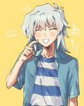  1boy bakura_ryou birthday_cake blue_shirt cake cake_slice closed_eyes collared_shirt commentary_request crown fingernails food fork grey_hair hair_between_eyes highres himei_ageru long_bangs long_hair male_focus notice_lines open_clothes open_mouth open_shirt shirt short_sleeves simple_background smile solo spoon striped striped_shirt undershirt upper_body white_shirt yellow_background yu-gi-oh! yu-gi-oh!_duel_monsters 