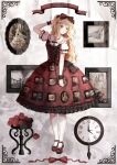  1girl analog_clock ankle_bow blonde_hair bow clock closed_mouth cross-laced_clothes dress flower footwear_bow framed frilled_dress frills full_body gothic_lolita green_eyes grey_background hair_bobbles hair_bow hair_ornament hand_on_own_head highres iceblue lolita_fashion long_hair looking_to_the_side neck_ribbon original pantyhose peter_pan_collar picture_(object) picture_frame pinafore_dress print_dress puffy_short_sleeves puffy_sleeves red_bow red_dress red_flower red_footwear red_ribbon red_rose ribbon rose shirt shoes short_sleeves sleeveless sleeveless_dress solo standing swept_bangs two_side_up wavy_hair white_pantyhose white_shirt wrist_cuffs 