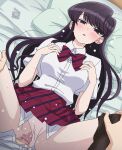  1girl bed black_hair blush bow bowtie clothed_sex condom condom_wrapper hetero indoors komi-san_wa_komyushou_desu komi_shouko long_hair lying panties panty_pull pantyhose pink_panties school_uniform sex spread_legs sweat tomu_(tomubobu) underwear 