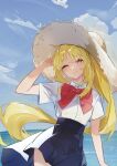  1girl ;) absurdres blonde_hair blue_sky bocchi_the_rock! bow bowtie closed_mouth cloud collared_shirt commentary_request cowboy_shot day feng1180 hand_up hat highres ijichi_nijika large_bow long_hair looking_at_viewer ocean one_eye_closed outdoors pleated_skirt red_bow red_bowtie red_eyes school_uniform shirt shirt_tucked_in short_sleeves sidelocks skirt sky smile solo standing straw_hat sun_hat white_shirt 