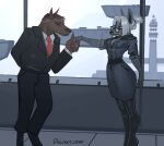  2023 airport anthro biped black_clothing black_suit blue_bottomwear blue_clothing blue_shirt blue_skirt blue_topwear bottomwear brown_body brown_fur canid canine canis clothing digital_media_(artwork) discreet_user domestic_dog duo everly_(discreet_user) eyewear fox fur glasses grey_body grey_fur grey_hair hair hi_res kissing_hand mammal monotone_body monotone_fur necktie rectangular_glasses ring shirt skirt standing suit suit_jacket topwear white_clothing white_shirt white_topwear 