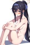  1girl @_@ armpit_stubble bikini black_bikini black_hair black_pubic_hair blue_archive blue_eyes blue_hairband blush breasts cleft_of_venus commentary_request completely_nude crossed_bangs dosu_(doseven) female_pubic_hair hair_between_eyes hairband halo highres legs long_hair looking_at_viewer medium_breasts navel nipples nude o-ring o-ring_bikini o-ring_bottom o-ring_top official_alternate_costume ponytail pubic_hair pubic_stubble pussy ribs simple_background sitting small_breasts solo swimsuit thighs ui_(blue_archive) ui_(swimsuit)_(blue_archive) white_background 