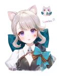  1girl :3 :p adelie_cat animal_ear_fluff animal_ears aqua_bow aqua_hair black_capelet black_leotard blunt_bangs blush bow braid braided_bangs brown_bow capelet cat cat_ears character_name closed_mouth commentary english_commentary eyelashes facial_mark frilled_leotard frills genshin_impact gradient_hair grey_hair highres leotard looking_at_viewer lynette_(genshin_impact) multicolored_hair parted_bangs puffy_sleeves purple_eyes shrug_(clothing) sidelocks simple_background single_braid smile solo star_(symbol) star_facial_mark tongue tongue_out upper_body white_background wing_collar 