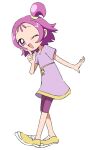  1girl ;d commentary_request dress finger_to_mouth full_body hand_up index_finger_raised looking_at_viewer namori ojamajo_doremi one_eye_closed one_side_up open_mouth purple_dress purple_eyes purple_hair purple_shorts segawa_onpu shoes short_hair short_sleeves shorts simple_background smile sneakers solo standing white_background yellow_footwear 