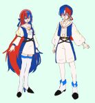  1boy 1girl alear_(female)_(fire_emblem) alear_(fire_emblem) alear_(male)_(fire_emblem) alternate_costume blue_eyes dress fire_emblem fire_emblem_engage hat heterochromia highres ichgomi long_hair long_sleeves multicolored_hair open_mouth red_eyes ribbon sailor_collar short_hair shorts simple_background smile standing thighhighs two-tone_hair very_long_hair 